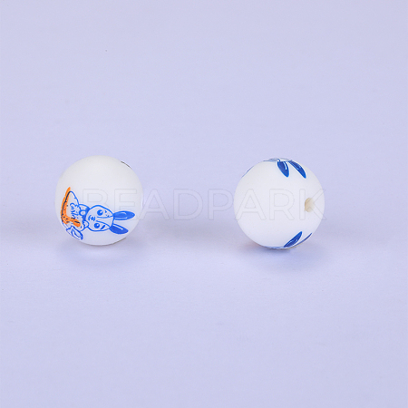 Printed Round with Rabbit Pattern Silicone Focal Beads LS-SI-JX0056A-151-1