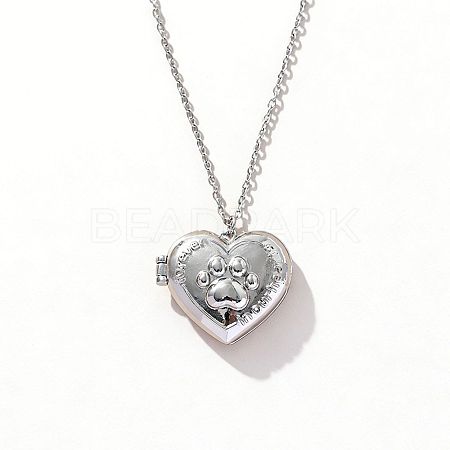 Brass Pave Clear Cubic Zirconia Heart with Paw Print Photo Locket Pendant Necklaces for Women WG0A403-04-1