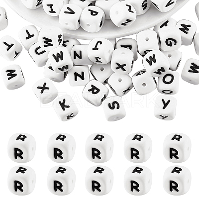 20Pcs White Cube Letter Silicone Beads 12x12x12mm Square Dice Alphabet Beads with 2mm Hole Spacer Loose Letter Beads for Bracelet Necklace Jewelry Making JX432R-1