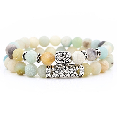 2Pcs 2 Style Natural Amazonite Stretch Bracelets Set with Alloy Buddha Head MATO-PW0001-074Q-1