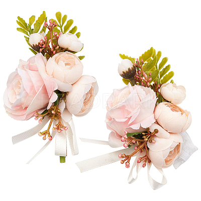 2Pcs 2 Style Silk Cloth Rose Flower Boutonniere Brooch & Wrist Corsage AJEW-CP0001-52-1
