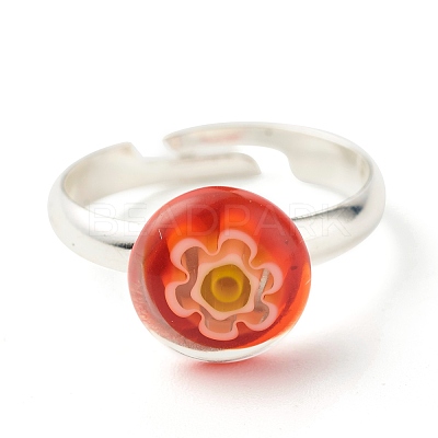 Flower Flat Round Millefiori Glass Adjustable Ring RJEW-JR00407-1
