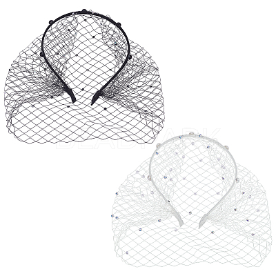 2Pcs 2 Colors Bridal Rhinestones Pearl Mesh Veil Cloth Hair Bands OHAR-BC0001-03-1