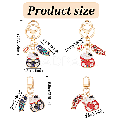 4Pcs 4 Styles Japanese Style Alloy Enamel Lucky Cat & Fish Pendant Keychain KEYC-GO0001-06-1