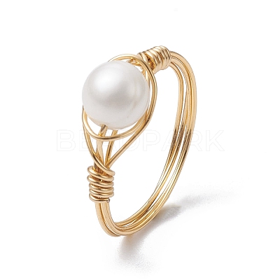 Natural Pearl Round Braided Bead Style Rings RJEW-JR00608-1