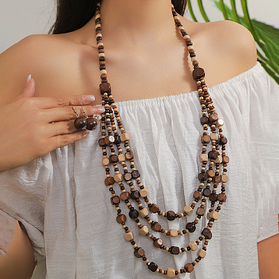 Bohemian Ethnic Style Wood Beaded Multilayer Necklaces & Dangle Earrings Sets WG82ABA-10-1
