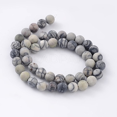 Round Frosted Natural Black Silk Stone/Netstone Bead Strands G-M248-8mm-03-1
