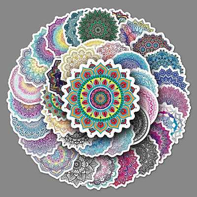 50Pcs Mandala Style PVC Flower Sticker Labels MAND-PW0001-22-1