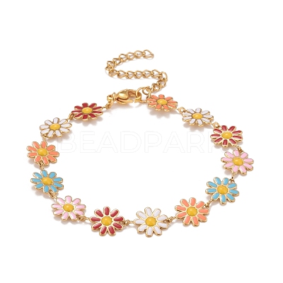 Enamel Daisy Link Chains Bracelet BJEW-P271-01G-06-1