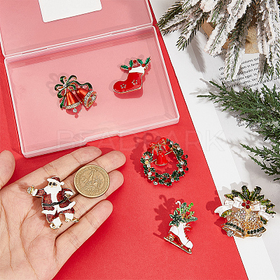 6Pcs 6 Styles Christmas Theme Golden Zinc Alloy with Rhinestone Brooches JEWB-SP0001-08-1