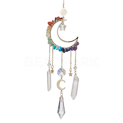 Natural & Synthetic Mixed Stone Wire Wrapped Moon Hanging Ornaments HJEW-JM01615-1