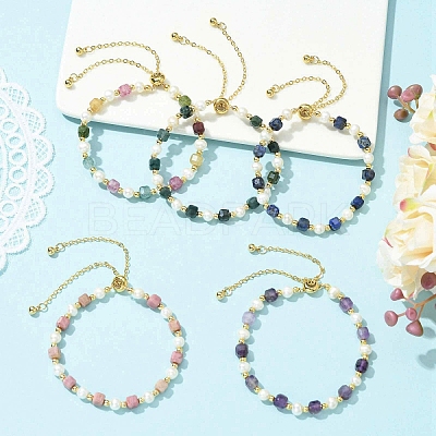 Adjustable Natural Gemstone & Cultured Freshwater Pearl Beads Slider Bracelets for Women BJEW-JB13609-1