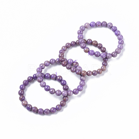 Natural Lepidolite/Purple Mica Stone Stretch Bracelets X-BJEW-S138-03B-02-1