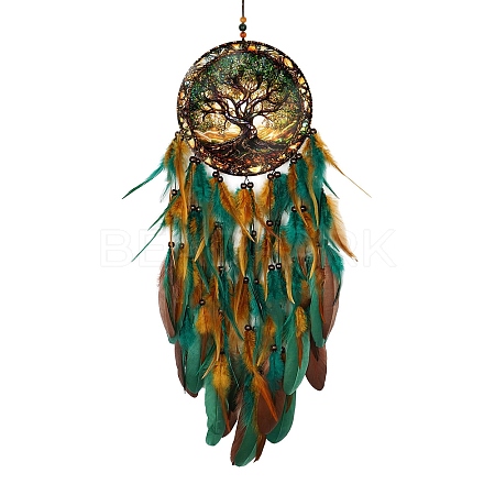 Tree of Life Resin & Acrylic & Woven Net/Web with Feather Hanging Ornaments HJEW-A013-02-1