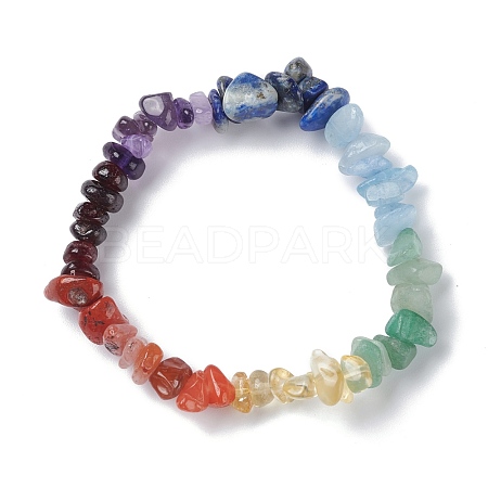 Kids 7 Chakra Natural Mixed Stone Chip Beads Stretch Bracelet with Heart BJEW-JB07377-1