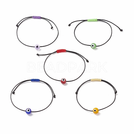 5Pcs 5 Colors Lampwork Round Evil Eye Braided Bead Bracelets Set for Women BJEW-JB08787-1