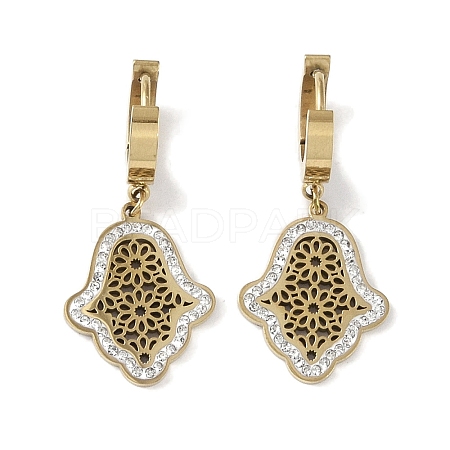 Hamsa Hand 304 Stainless Steel Polymer Clay Rhinestone Dangle Earrings EJEW-L283-001G-1