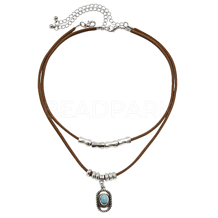 1 Set Alloy Pave Synthetic Turquoise Pendant Double Layer Cord Necklaces NJEW-CL0001-09A-1