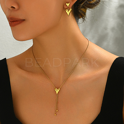 Sweet and Simple 201 Stainless Steel Heart Tassel Stud Earrings & Necklaces Set for Women EJ7179-1