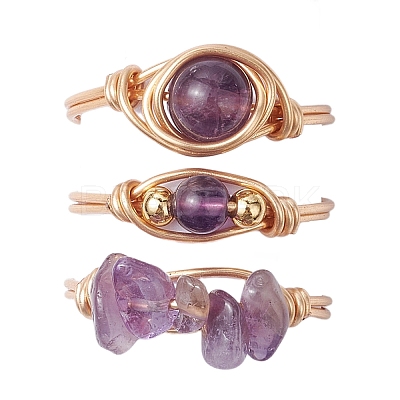 3Pcs 3 Styles Natural Rose Quartz & Amethyst & Green Aventurine Finger Rings RJEW-JR00745-1