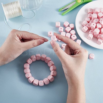 20Pcs Pink Cube Letter Silicone Beads 12x12x12mm Square Dice Alphabet Beads with 2mm Hole Spacer Loose Letter Beads for Bracelet Necklace Jewelry Making JX435R-1
