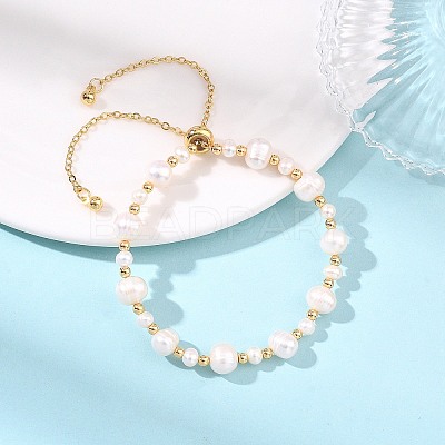 Adjustable Natural Cultured Freshwater Pearl & Brass Beads Slider Bracelets for Women BJEW-JB13878-1