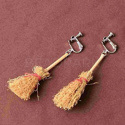 Halloween Broom Wood Clip-on Earrings FS-WGC7667-02-1