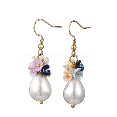 Teardrop Electroplate Shell Pearl & Resin Flower Dangle Earrings EJEW-JE07167-1