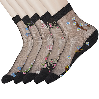 5Pairs Flower Chinlon Glass Silk Socks for Women AJEW-WH20088-007-1