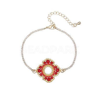Glass Seed Beaded Flower Link Bracelet with Golden Stainless Steel Chains EZ8902-3-1