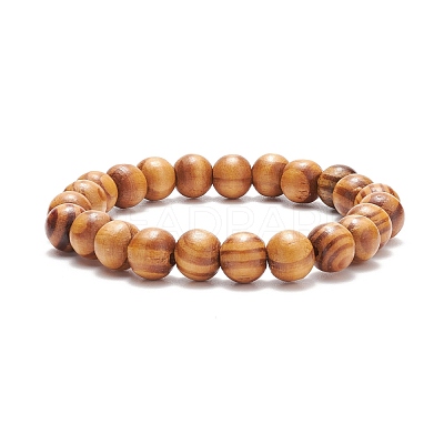 Natural Wood Round Beaded Stretch Bracelet BJEW-JB08214-1