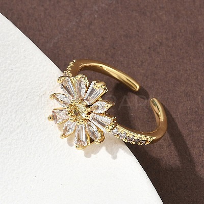 Flower Brass Micro Pave Cubic Zirconia Cuff Rings for Women RJEW-A069-01A-G-1