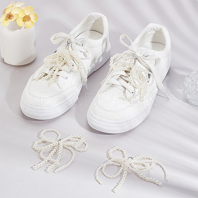 Bowknot Plastic Imitation Pearl Shoe Charms AJEW-WH0348-542B-01-1
