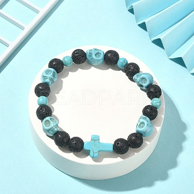Dyed Natural & Synthetic Mixed Gemstone Skull & Cross Beaded Stretch Bracelets BJEW-TA00272-02-1
