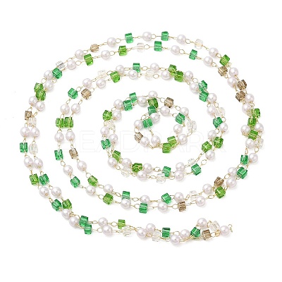 Faceted Cube Glass & ABS Plastic Imitation Pearl Beaded Chains CHS-G026-02KCG-01-1-1
