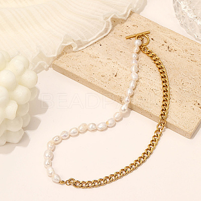 Natural Pearl Beaded Necklace with Stainless Steel Cuban Link Chains DQ3031-1-1