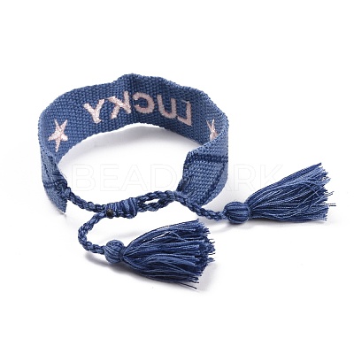 Word Lucky Polycotton(Polyester Cotton) Braided Bracelet with Tassel Charm BJEW-F429-08-1