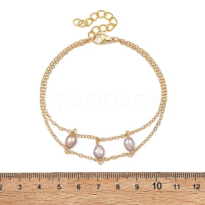 Brass Cable Chains & Rice Natural Cultured Freshwater Pearl Double Layers Bracelets for Women BJEW-JB14135-1