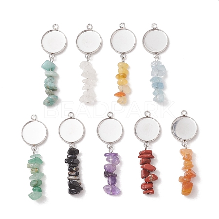 304 Stainless Steel & Natural Mixed Gemstone Pendant Cabochon Settings AJEW-JB01572-1