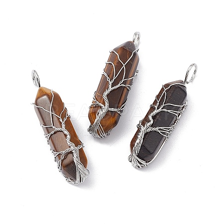 Natural Tiger Eye Copper Wire Wrapped Pointed Pendants G-F733-05A-1