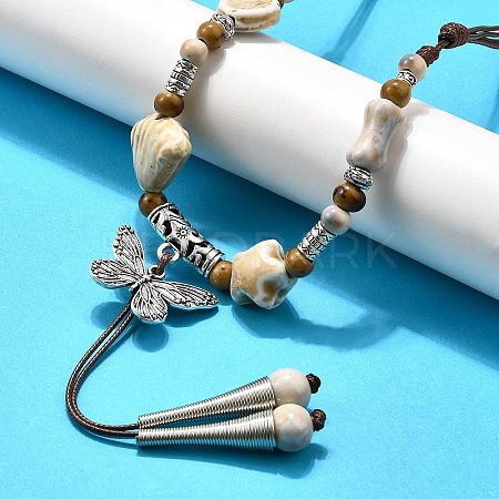 Ethnic Style Alloy & Porcelain Ceramic Beads Butterfly Pendant Tassel Y Necklaces NJEW-D308-01D-1