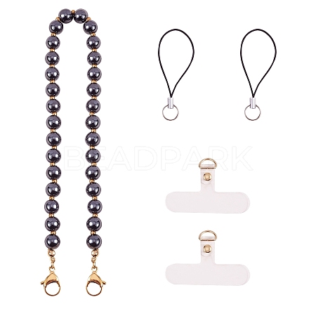 Non-Magnetic Synthetic Hematite & 304 Stainless Steel Round Beaded Mobile Straps HJEW-SW00043-01-1