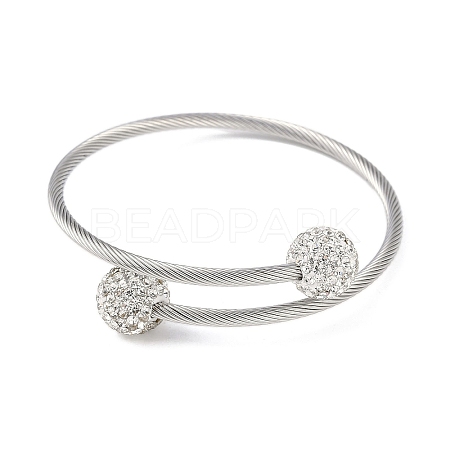 304 Stainless Steel & Polymer Clay Crystal Rhinestone Round Beads Open Cuff Bangles BJEW-M042-06P-1