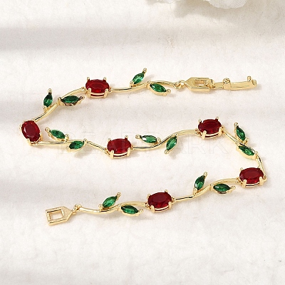 Leaf Brass Micro Pave Cubic Zirconia Link Chain Bracelets for Women BJEW-D455-01G-04-1