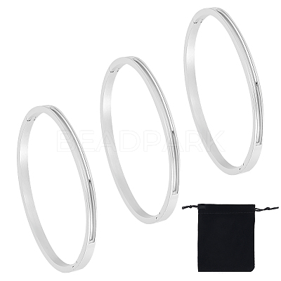 3Pcs Egg Shaped 201 Stainless Steel Grooved Hinged Bangles STAS-UN0048-67-1