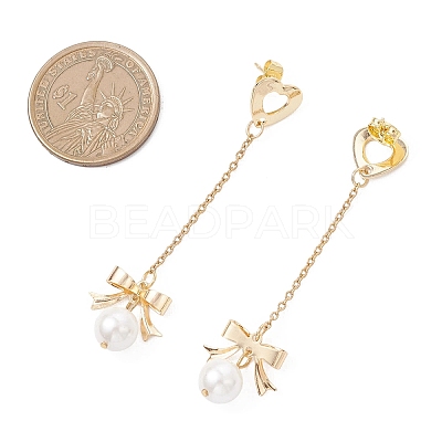 Bowknot with Heart 304 Stainless Steel Shell Pearl Dangle Stud Earrings EJEW-JE06825-1