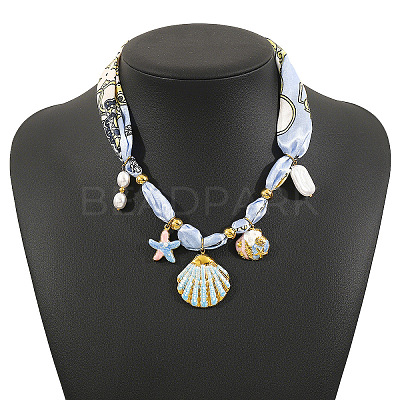 304 Stainless Steel Enamel Pendant Printed Cloth Scarf Necklaces for Women FS-WGDE682-01-1