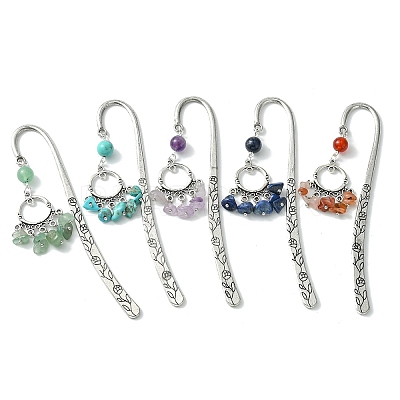 5Pcs 5 Style Ring Alloy Pendant Bookmarks with Gemstone Chip Tassels AJEW-TA00009-1