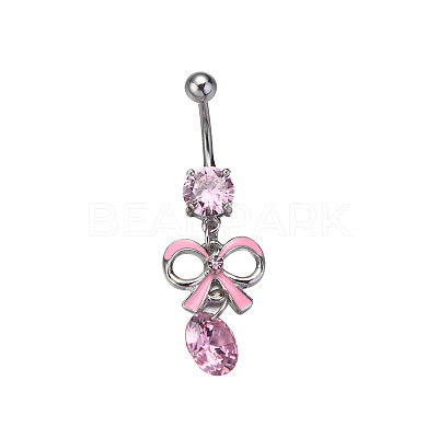 316L Surgical Stainless Steel Pave Cubic Zirconia Bowknot Curved Barbell Dangle Belly Rings FS-WG3E776-03-1