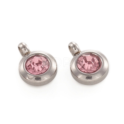 Trendy Original Color 304 Stainless Steel Faceted Grade A Rhinestone Flat Round Charms Pendants RB-N030-01O-1